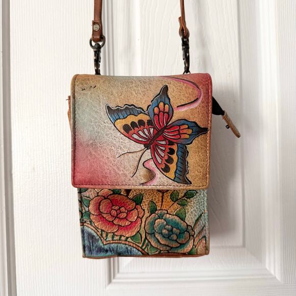 Anuschka Handbags - Anuschka Hand Painted Butterfly Rose Kisslock Flap Over Multi Pocket Wallet Bag